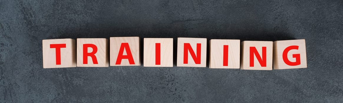 The word training is standing in red letters on wooden cubes, dark background