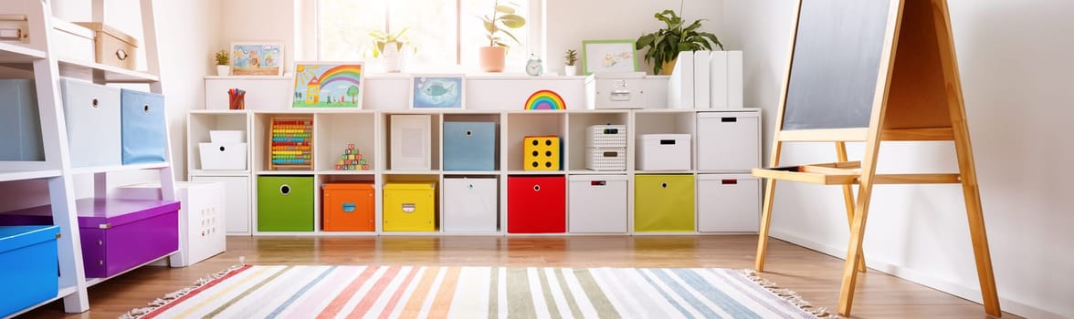 White nursery room with shelves and colourful boxes. Conceptual symbol of the preschool, kidergarten or child's cabinet.