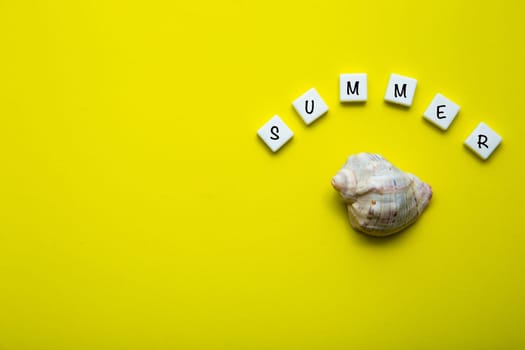 On a yellow background there is a shell and the word summer is written above it. High quality photo