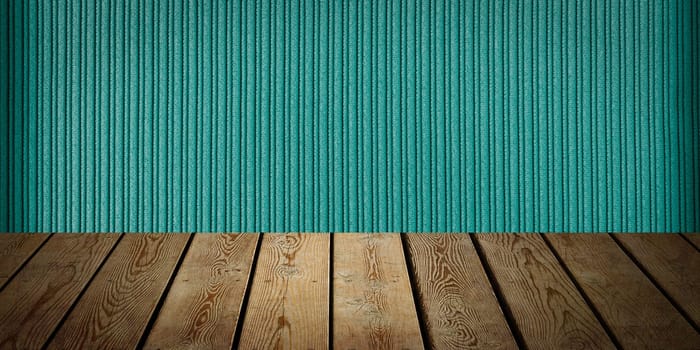 The background is blank wooden boards and a textured striped wall with gradient lighting and vignetting. For product demonstrations, free space, layout, mockup, perspective board, background board.