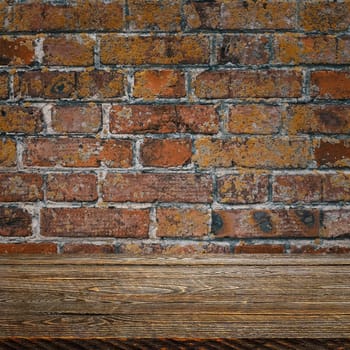 The background is blank wooden boards and a textured brick wall with lighting and vignetting. For product demonstrations, free space, layout, mockup, perspective board, background board.