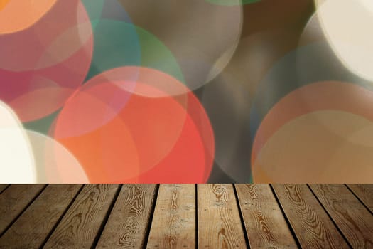 The background is an empty wooden board and a wall of blurred bokeh lights. For product demonstrations, free space, layout, mockup, perspective board, background board.