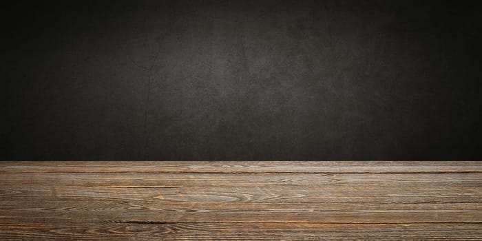 The background is blank wooden boards and a textured plastered wall with lighting and vignetting. For product demonstrations, free space, layout, mockup, perspective board, background board.