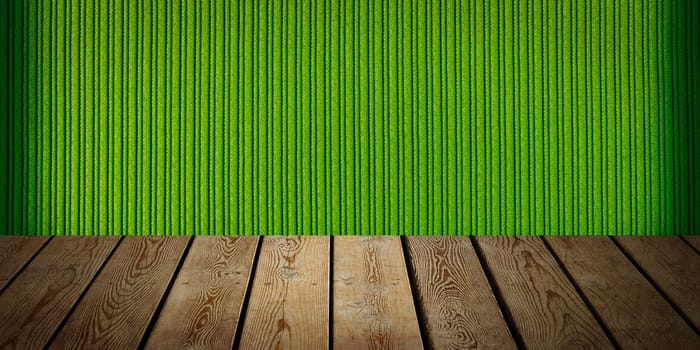 The background is blank wooden boards and a textured striped wall with gradient lighting and vignetting. For product demonstrations, free space, layout, mockup, perspective board, background board.