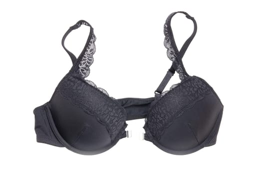 Bra isolated. Closeup of beautiful female stylish black bra with laces and straps isolated on a white background. Fashionable women underwear.