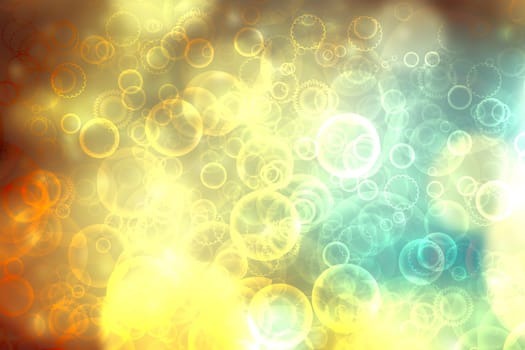Abstract blurred fresh vivid spring summer light delicate pastel gold yellow turquoise bokeh background texture with bright circular soft color lights. Card concept. Beautiful backdrop illustration.