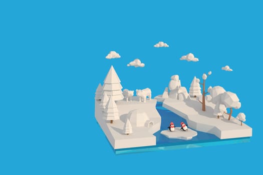 3D illustrator The Penguin Village. 3d rendering Low Polygon Geometry. Lowpoly Minimal Style Art.
