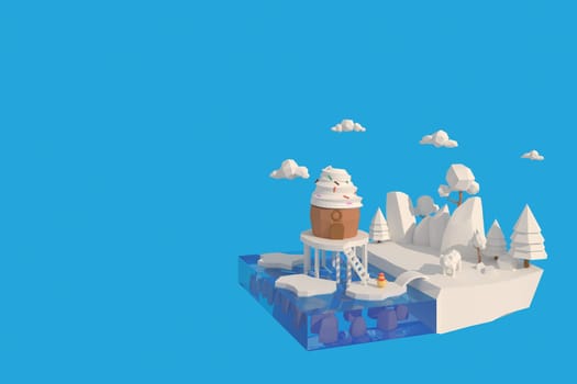 3D illustrator The house in winter. 3d rendering Low Polygon Geometry. Lowpoly Minimal Style Art.