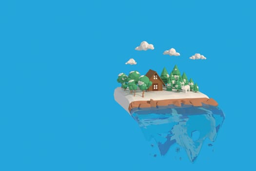 3D illustrator The house in winter. 3d rendering Low Polygon Geometry. Lowpoly Minimal Style Art.