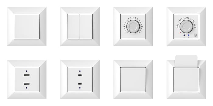 Set of many wall light switches, USB sockets, analog thermostat and key card slot. Front view. Objects isolated on white background.