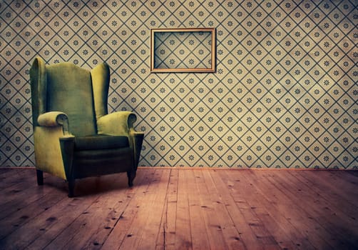 Vintage room with wallpaper and old fashioned armchair
