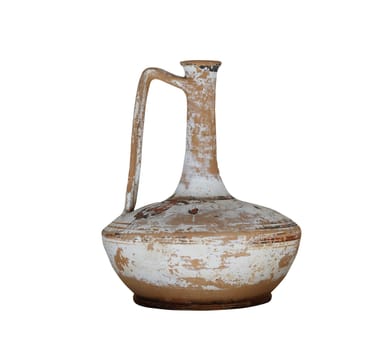 front view closeup of antique reconstructed drinking pot vase with large handle isolated on white background