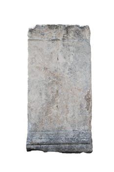 front view closeup of large square fragment of antique classical stone column with weathered texture isolated on white background
