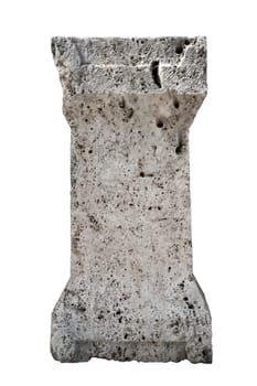 front view closeup of large antique classical stone column with weathered texture isolated on white background