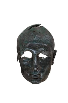 ancient metallic black mask of mature man isolated on white background