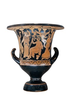 front view closeup of ancient damaged Greek vase isolated on white background