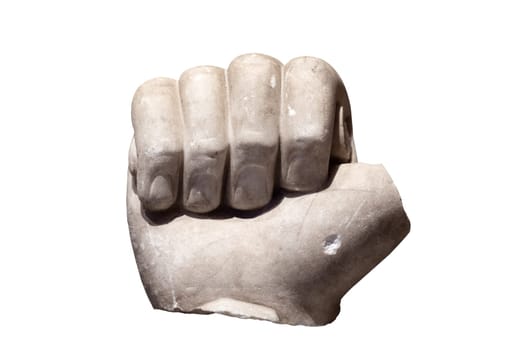 front view closeup of white marble statue male fist with broken thumb finger isolated on white background