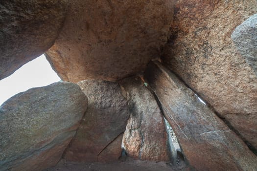 El Mellizo, valuable example of Neolithic dolmens. Burial chamber indoor. Valencia de Alcantara, Caceres, Extremadura, Spain