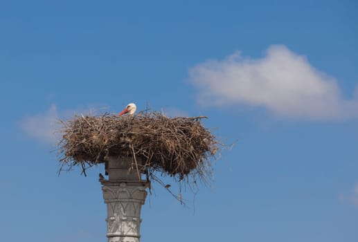 Distyle of Zalamea replica with stork nest on top. Roundabout monument close to Quintana de la Serena, Extremadura, Badajoz, Spain