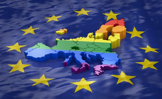 map of Europe in LGBT colors against the background of the EU flag. 3D rendering.