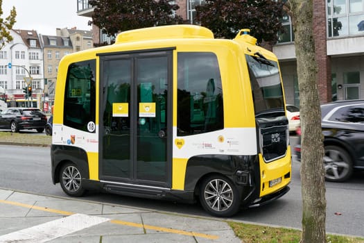 Self-driving autonomous bus as a project of BVG (Berliner Verkehrsbetriebe) in the test phase in the Berlin district of Tegel