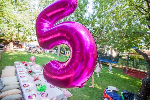 Happy Birthday decoration. Birthday Balloon At Summer Garden Party. Number Five Violet Balloon.