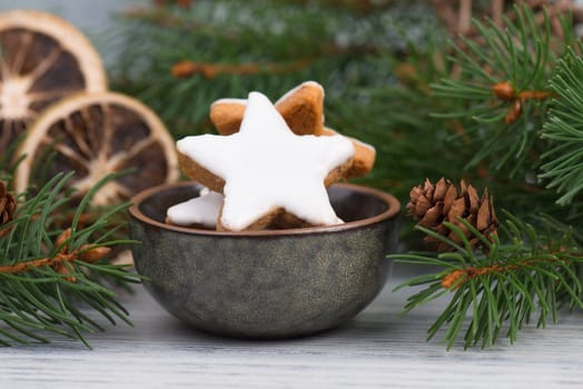 Cinnamon stars, traditional german christmas cookies, gingerbread, empty copy space