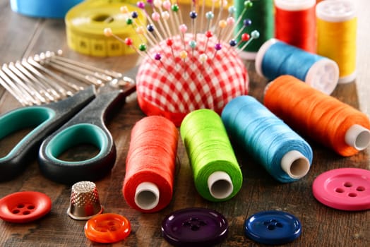 Composition with tailor accessories on wooden table