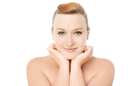 Topless woman posing with hand on her chin