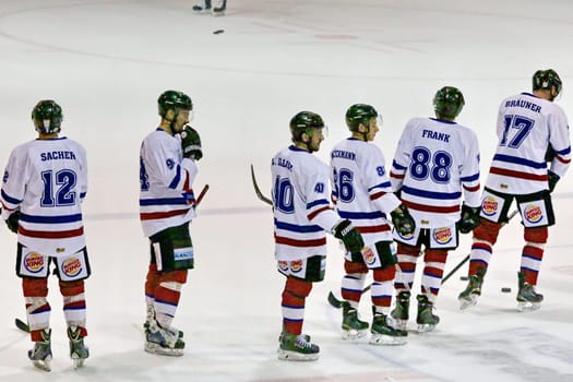 Team "Wolves Freiburg"" concentrated... Playoffs for the German Ice Hockey League (DEL2),1st Final"