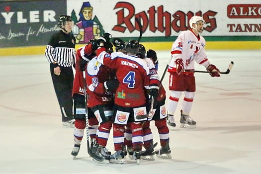 Celebration on Ensisheimer Straße in Freiburg. The EHC players cheer their goals,Manuel Neumann (EV Duisburg) can only watch disappointed ... Playoffs for the German Ice Hockey League (DEL2),1st Final