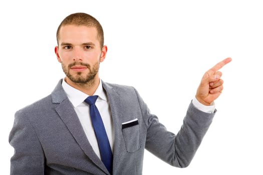 young business man in a suit pointing with his finger