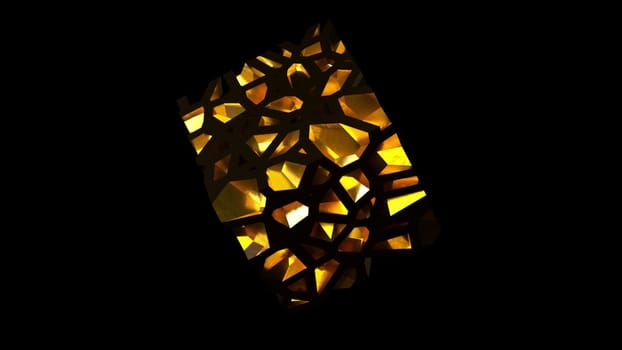 Futuristic breaking 3d render square into small geometric fragments. Changing cybercrystal with decaying textures. Cubic plasmoid cracked from gravity with creative decoration pieces.