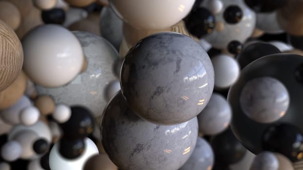 Marble stone 3d render balls falling into void. Wooden embossed bubbles in realistic slow motion. Abstract molecules in chaotic flight with futuristic decorative graphics.