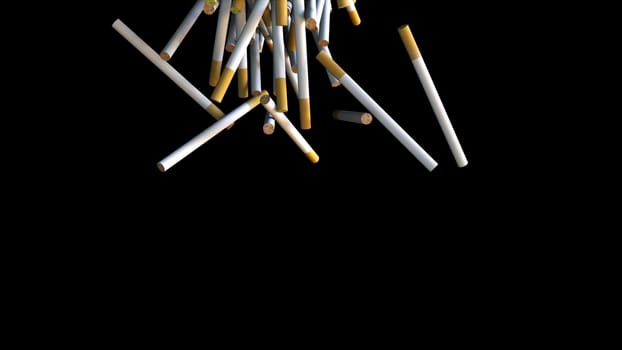 Stream of cigarettes with filter pouring into 3d render of surface. Presentation of environmental pollution and harm to health. Nicotine addiction and lung cancer symbol