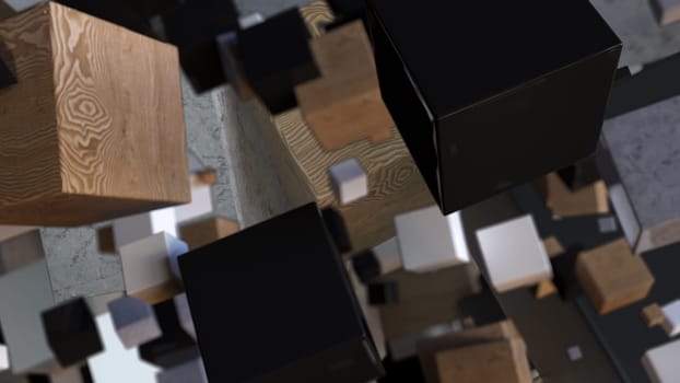 Square wooden 3d render boxes in digital space. Geometric solid plastic shapes in free realistic decoration fall. Graphic background presentation with simple moving objects.