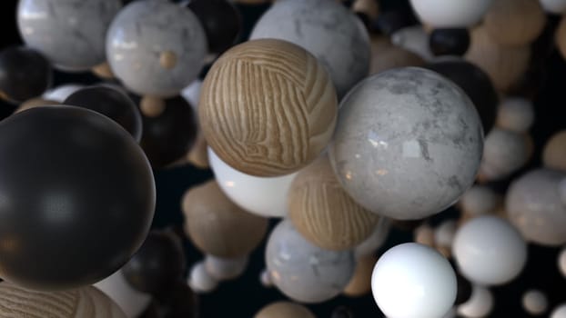 Marble stone 3d render balls falling into void. Wooden embossed bubbles in realistic slow motion. Abstract molecules in chaotic flight with futuristic decorative graphics.