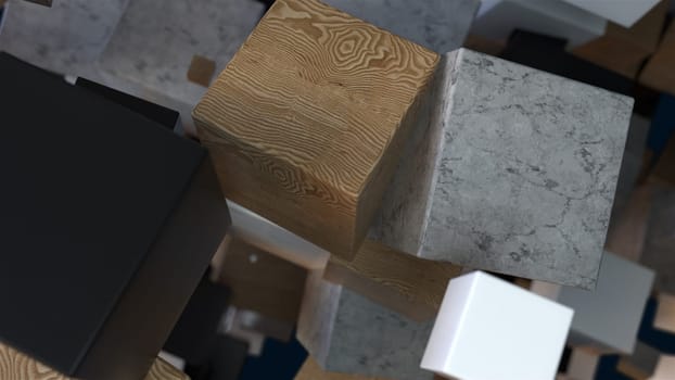 Square wooden 3d render boxes in digital space. Geometric solid plastic shapes in free realistic decoration fall. Graphic background presentation with simple moving objects.