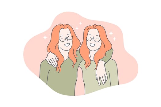 Family, love, team, friendship, twin concept. Young merry twins has true friendship. Family love and best friends forever. Happy lovely adorable siblings look like very strong team. Simple flat vector