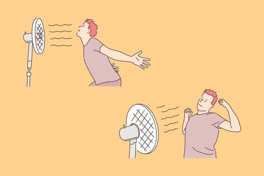 Young man with ventilator, coolness and freshness concept. Heat recovery, hot weather, cooling, climate control, room temperature regulation, boy with air conditioner. Simple flat vector