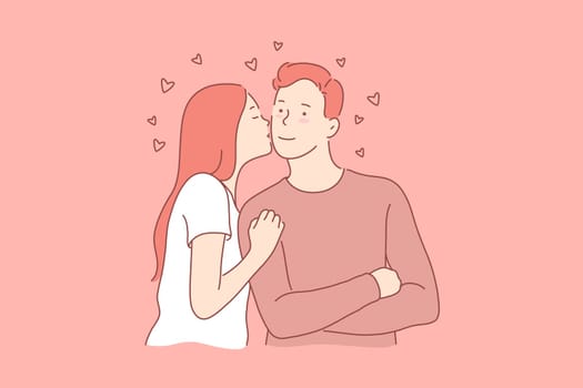 Family, love, relationship concept. Young merry couple has tender sweet relationship. Girlfriend loves her lovely boyfriend very much. All happy families start from huge love. Simple flat vector