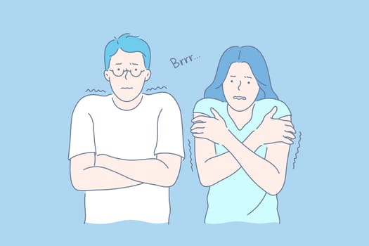 Cold, frost, trembling set concept. Woman and man shiver, hugging themselves, trying to warm up. Frost is making boy and girl tremble. Guy shakes because of cold, chill and fear. Simple flat vector