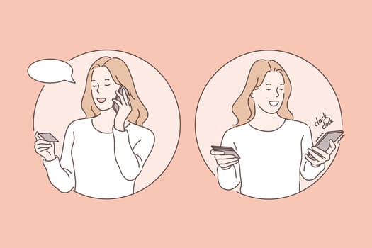 Success, transaction, communication, business set concept. Young woman buyer makes online payment. Happy girl use credit card to buy goods. Online payment ended with success. Simple flat vector