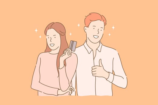 Online payment, like, buy concept. Happy couple makes online payment. Young man shows like sigh. Young woman buyer holds credit card for online payment. Guy buys things on sale. Simple flat vector