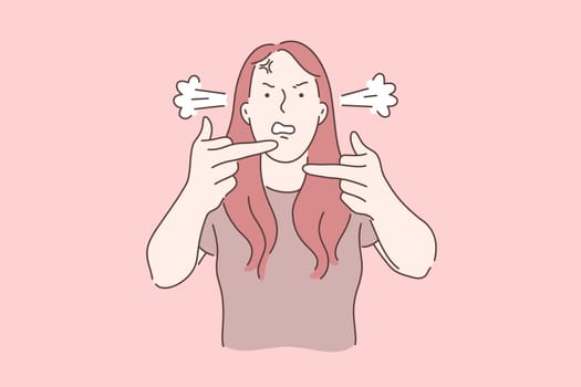Angry, irritated, stressed girl concept. Woman getting mad with throbbing vein on forehead and ear steam, annoyed, furious person, negative emotion expression, obscene gesture. Simple flat vector