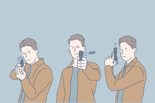 Selfdefense, criminal, shot, set concept. Dangerous young criminal takes gun, intented to kill. Serious killer took shot and hit target. Focused man pulled trigger in selfdefense . Simple flat vector