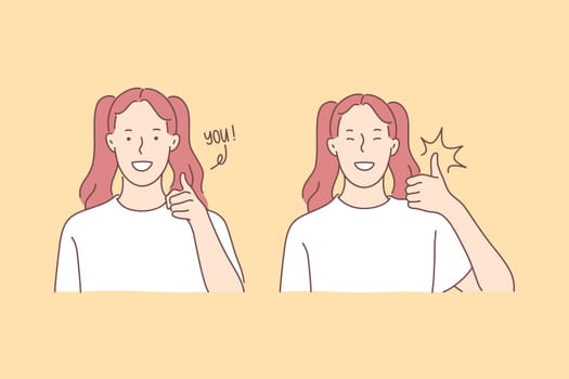Dialog, communication, good mood concept. Appeal to companion, compliment, smiling female teen, interlocutress, young girl showing thumb up, cheerful facial expression. Simple flat vector