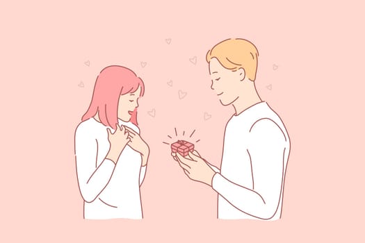 Gift, proposal, romance, love, family concept. Young boyfriend makes marriage proposal to lovely girlfriend. Husband presents gift to his wife in romantic atmosphere. Family love. Simple flat vector