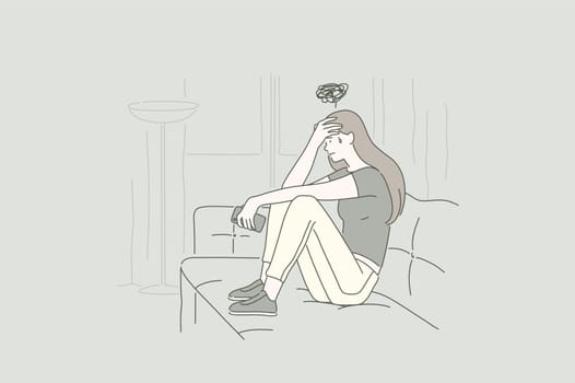 Concept of a young upset woman. Desperate girl frustrated by problem with work or relationships, feeling anxiety and disappointment, psychological trouble , having loneliness. Cartoon flat Design Isolated Vector illustration