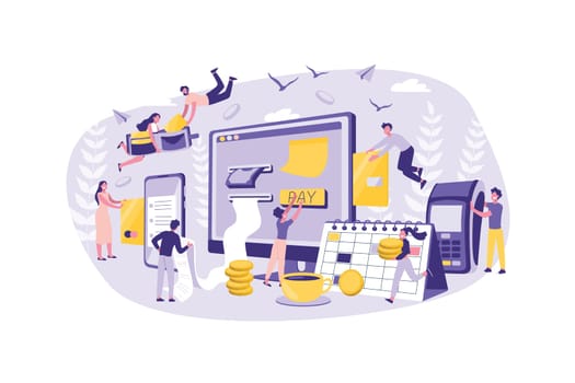 Business Concept Online Payment, Bills. Group of Clerks Improves the Work of Money Transfers. Teamwork of Businessmen at Office. Cartoon Flat Design, Isolated Vector Illustration